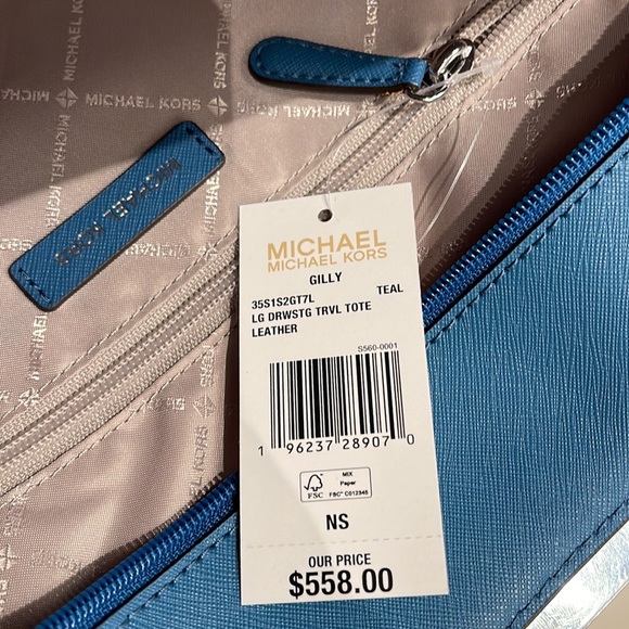 Michael Kors Gilly Large Drawstring Travel Leather Top Zip Tote
 Color: TEAL
NWT - Picture 4 of 16